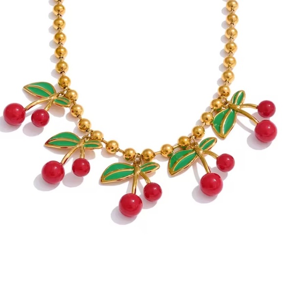Red Cherry 18K Gold Stainless Steel Waterproof Necklace - Picture 13 of 16